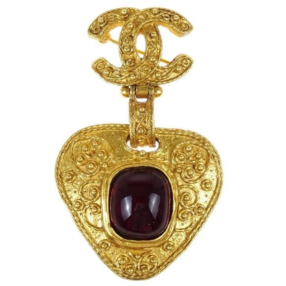 Chanel Gripoix Brooch Pin Heart CC Dangle Gold Red - Picture 1 of 5